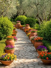 Serene Mediterranean Garden Pathway with Terracotta Pots and Vibrant Spring Flowers