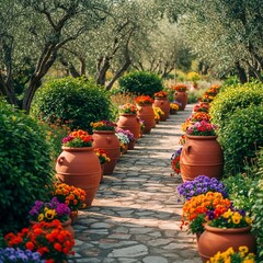 Serene Mediterranean Garden Pathway with Terracotta Pots and Vibrant Spring Flowers