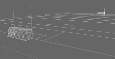 Detailed Wireframe Rendering of Gaelic Football Pitch Ground and Goalpost on Gray Background