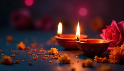 Glowing diya lamps, marigolds, aroma oil Festive Diwali celebration , design, meditation, photography