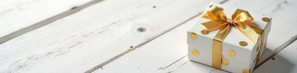 Golden dotted gift box, rustic white wood background, handmade, wood