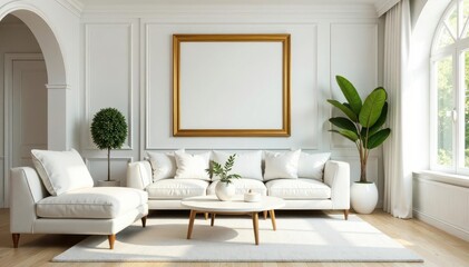 Golden frame accents white furniture, luxurious home decor , room, golden