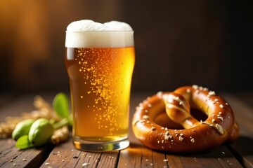 Golden oktoberfest beer with pretzel, wheat & hops, golden, shadow, background