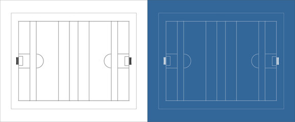 Top Down Orthographic Technical Drawing of Gaelic Football Pitch with Goalposts and Field Markings