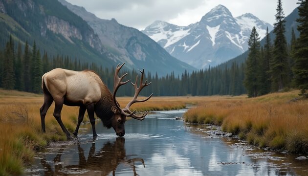 Large elk with impressive antlers drinks from clear mountain stream on grassy meadow. Pine forest and snow capped peaks form scenic background. Wildlife in natural habitat.