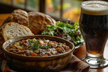 Hearty beef stew served with root vegetables and dark beer