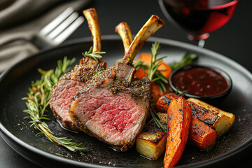 Delicious lamb rack with roasted vegetables served in a cozy dining setting