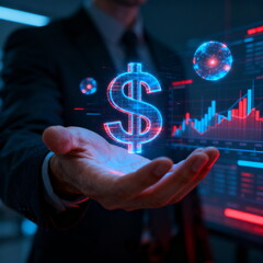 Businessman with Holographic Dollar and Financial Data