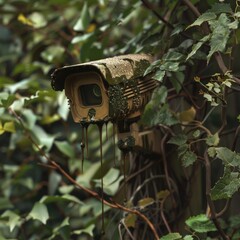 Overgrown Surveillance Camera Hidden in Dense Green Foliage.