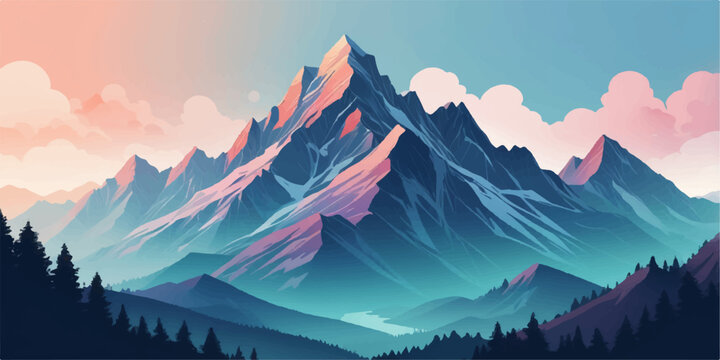 Dreamy mountain scenery with layered silhouettes and smooth gradient sky background - Powered by Adobe