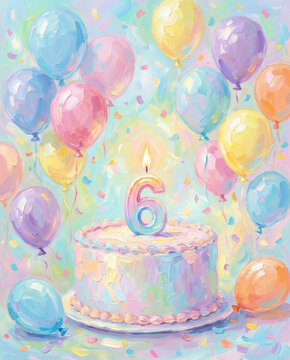 6th Birthday Celebration Cake Illustration, Ilustraci&oacute;n de pastel para el sexto cumplea&ntilde;os, 6歳の誕生日ケーキイラスト