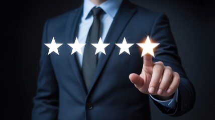 Star Rating: A sharp-dressed businessman interacts with a five-star rating, a gesture signifying exceptional service or product quality. The image reflects concepts of feedback and quality assurance.
