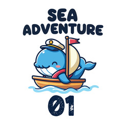 Cute Cartoon Shark Surfing on Wave Sea Adventure