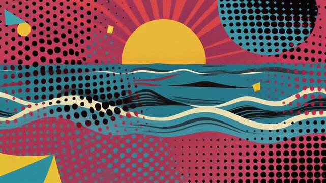 Loopable retro pop art desert landscape video, stylized mountains and cactus shapes