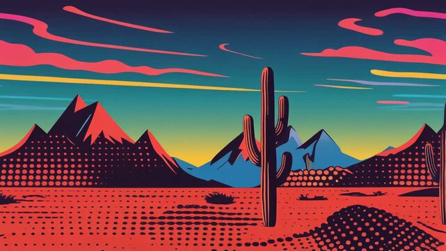 Loopable retro pop art desert landscape video, stylized mountains and cactus shapes