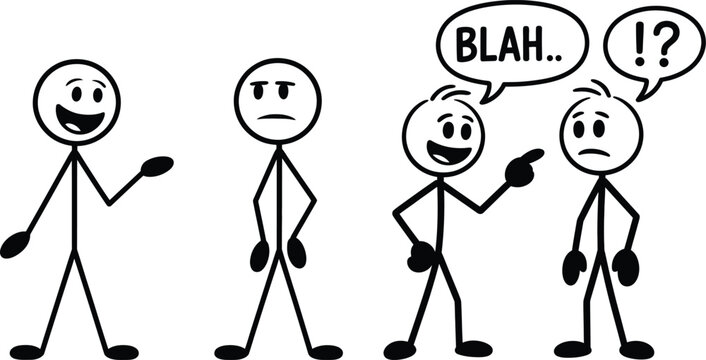 Stick figures illustrating communication problems and different reactions to conversation