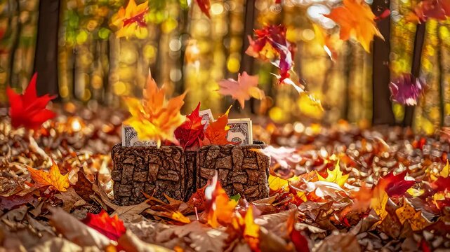 Dollar Bills Covered With Autumn Leaves Are Blown Away by Wind