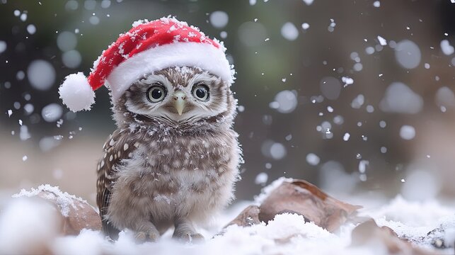 Baby owl with a Santa hat, hooting in the snow .