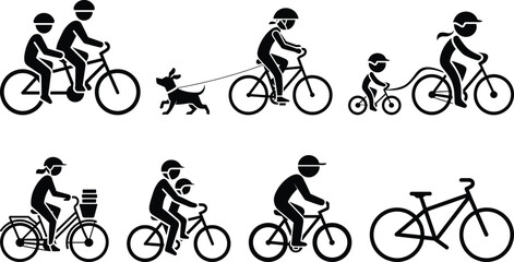 Collection of various cycling activities and bicycle illustrations in simple black silhouettes
