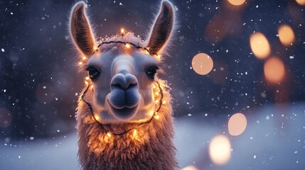 Fototapeta premium A llama with fairy lights tangled in its fur, smiling joyfully in the snow. .