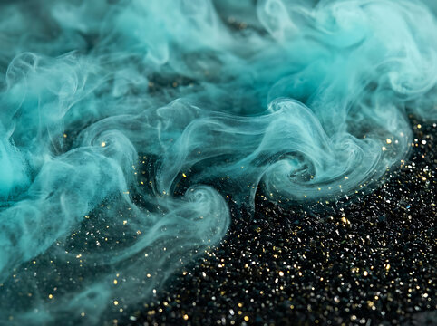 Swirling turquoise smoke on glittering black background