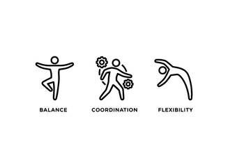 Fototapeta premium Balance Coordination Flexibility Minimal Bold Line Icon Set