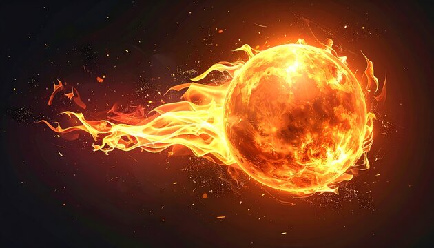 A bright, fiery orb surrounded by flowing flames against a dark gradient, spewing sparkling particles