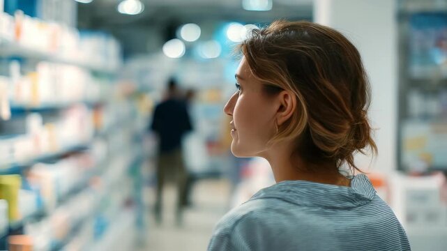 A female customer stands in a brightly lit pharmacy, examining the shelves stocked with pharmaceutical products and wellness items. The scene captures a moment of decision and careful consideration