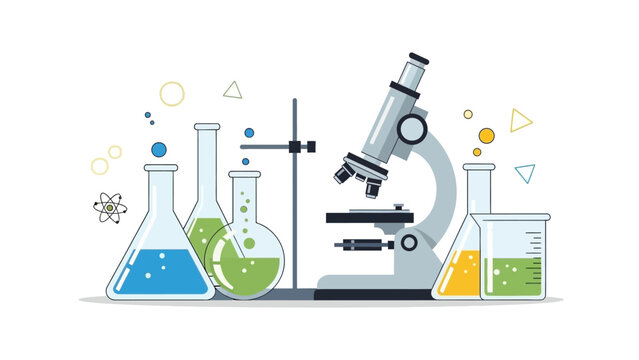 scientific laboratory setup with test tubes, microscope and chemical reactions illustrating