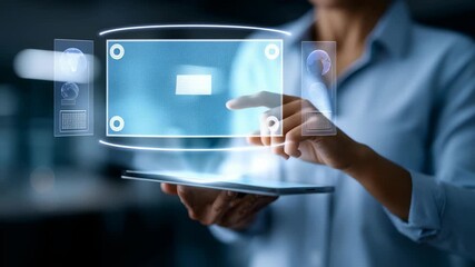 A person in business attire navigates a holographic display, symbolizing advanced user interfaces and modern digital solutions. The scene highlights innovation and future technology trends - Powered by Adobe