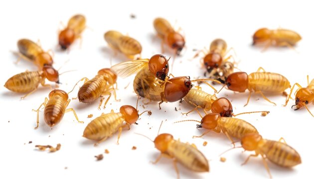 A cluster of termites with light bodies and dark heads scattered on a white surface, close-up view
