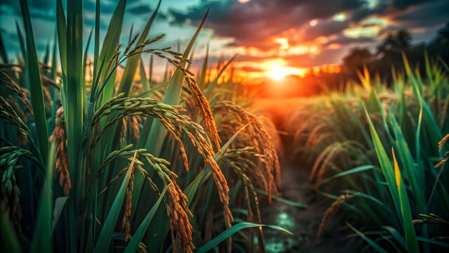 Golden rice harvest at sunset in a lush paddy field with dramatic sky - Powered by Adobe