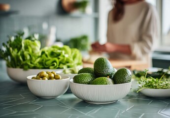 Avocados und gr&uuml;ne Oliven in moderner K&uuml;che mit unscharfer Person im Hintergrund