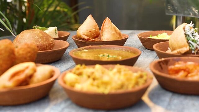 Indian morning tasty snacks including samosa,jalebi,kachori,khandvi,dhokla
