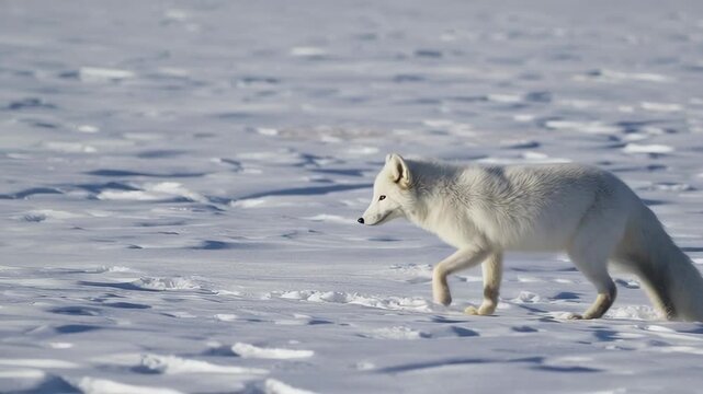 Arctic Fox Walking Across Snowy Frozen Tundra Landscape.