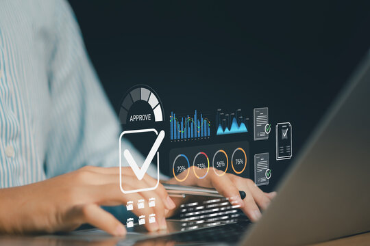 Business professional using laptop with approval badge, analytics dashboard, performance metrics, verification icons for quality assurance, compliance, data validation, digital business management. - Powered by Adobe