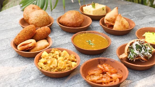 Indian morning tasty snacks including samosa,jalebi,kachori,khandvi,dhokla