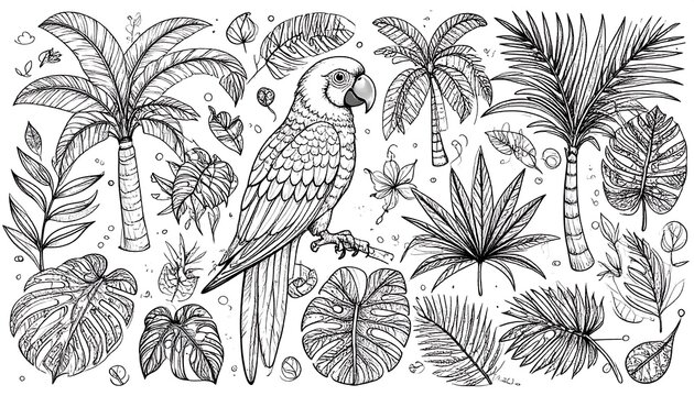 A detailed line drawing features a parrot amidst palm trees and lush tropical foliage, creating a vibrant jungle scene