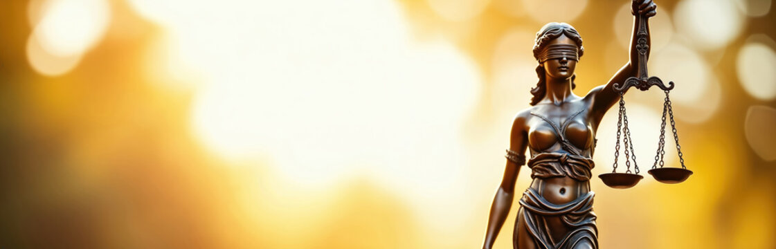 Bronze Lady Justice statue holds scales against warm golden bokeh background. Symbol of fairness, law, and order. Represents legal system balance, equity, and judgement.
