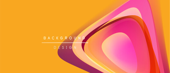 Abstract design features layered shapes, vibrant orange, pink hues. Modern aesthetic, smooth gradients create dynamic visual impact.