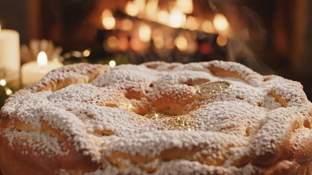 Greek New Year Cake With Traditional Vasilopita, Powdered Sugar, and Festive Sparkle