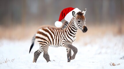 Fototapeta premium Baby zebra with a Santa hat, trotting through a snowy field .
