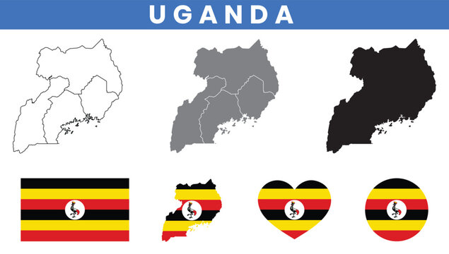Republic of Uganda Map and Flag Vector Set with Districts Outline
