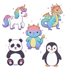 Naklejka premium Whimsical collection of magical and cute creatures