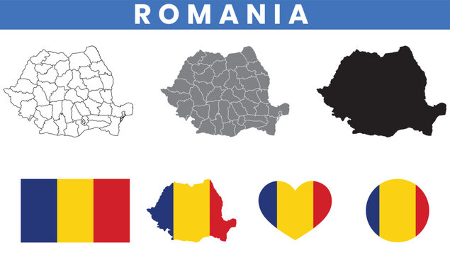 Romania Map and Flag Vector Set with Counties Outline