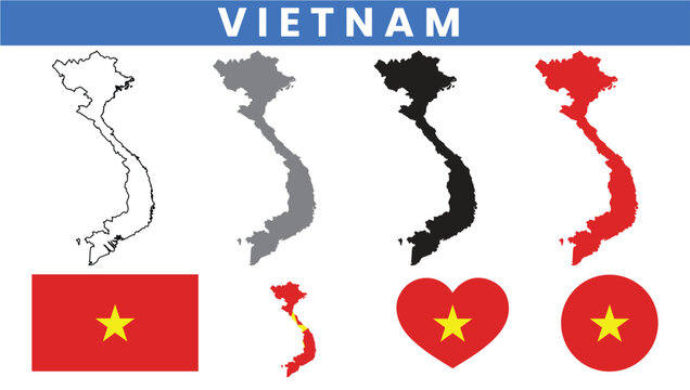 Socialist Republic of Vietnam Map and Flag Vector Set with Provinces Outline