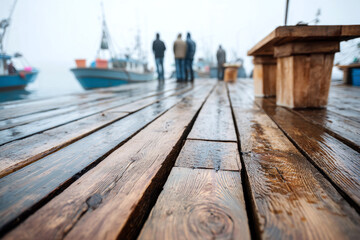 Close-up of weathered deck planks wet from seawater, faceless fishermen blurred above in early morning haze, with copy space