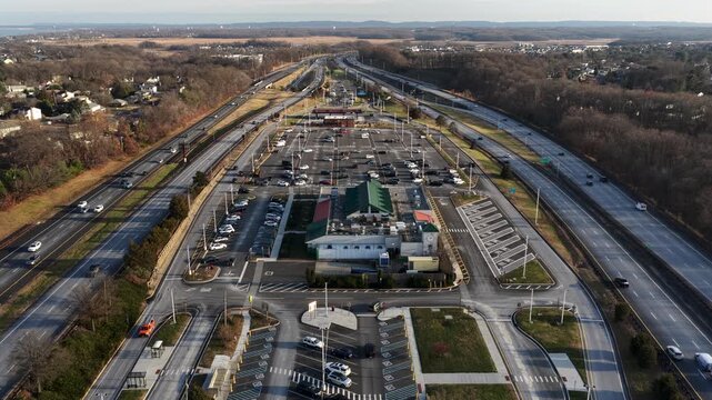 Unique aerial view of both sides of the Garden State Parkway and the Jon Bon Jovi Service Area in Sayreville, New Jersey