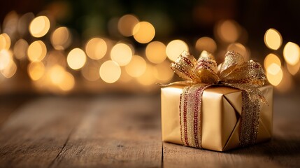 Golden Christmas gift box with festive ribbon on wooden table, warm glowing bokeh lights and cozy holiday atmosphere.