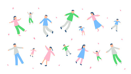 春の宙に浮かぶ人々のイラストセット